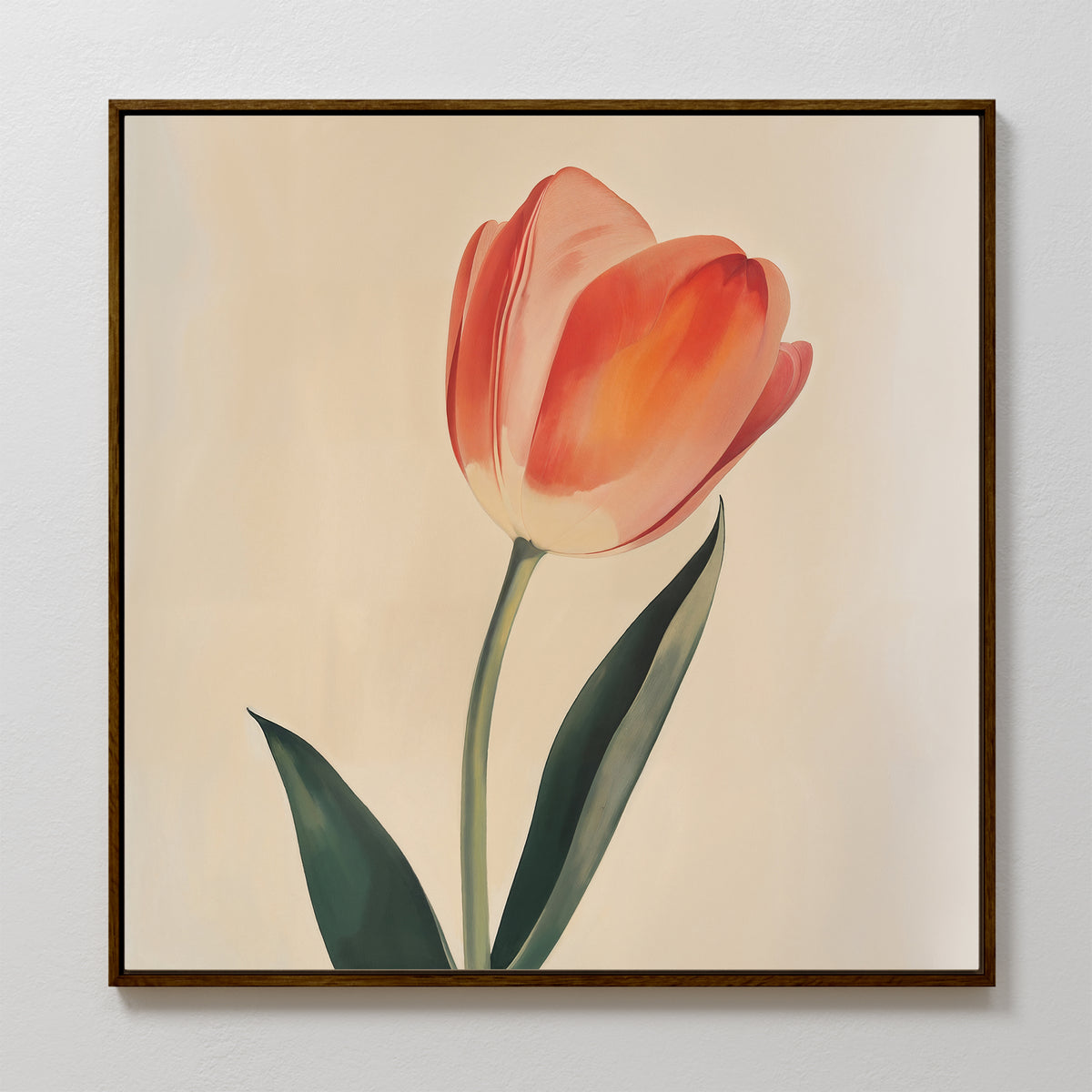 Blush Tulip Canvas Art showcasing a single red and orange tulip with two green leaves on a light beige background, ideal as minimalist bedroom wall décor.