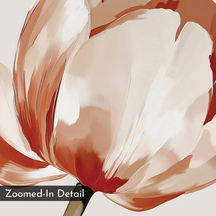 Close-up digital illustration of a tulip with white and reddish-orange petals, ideal as minimalist or floral wall art for bedroom decor. "Zoomed-In Detail" appears in white text on a dark background in the lower left. Blush Tulip Canvas Art.