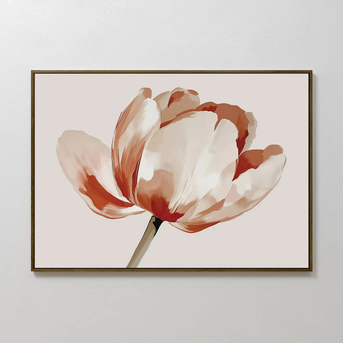 Blush Tulip Canvas Art features a single red and cream tulip on a light beige background, adding elegance and charm to any plain white wall.