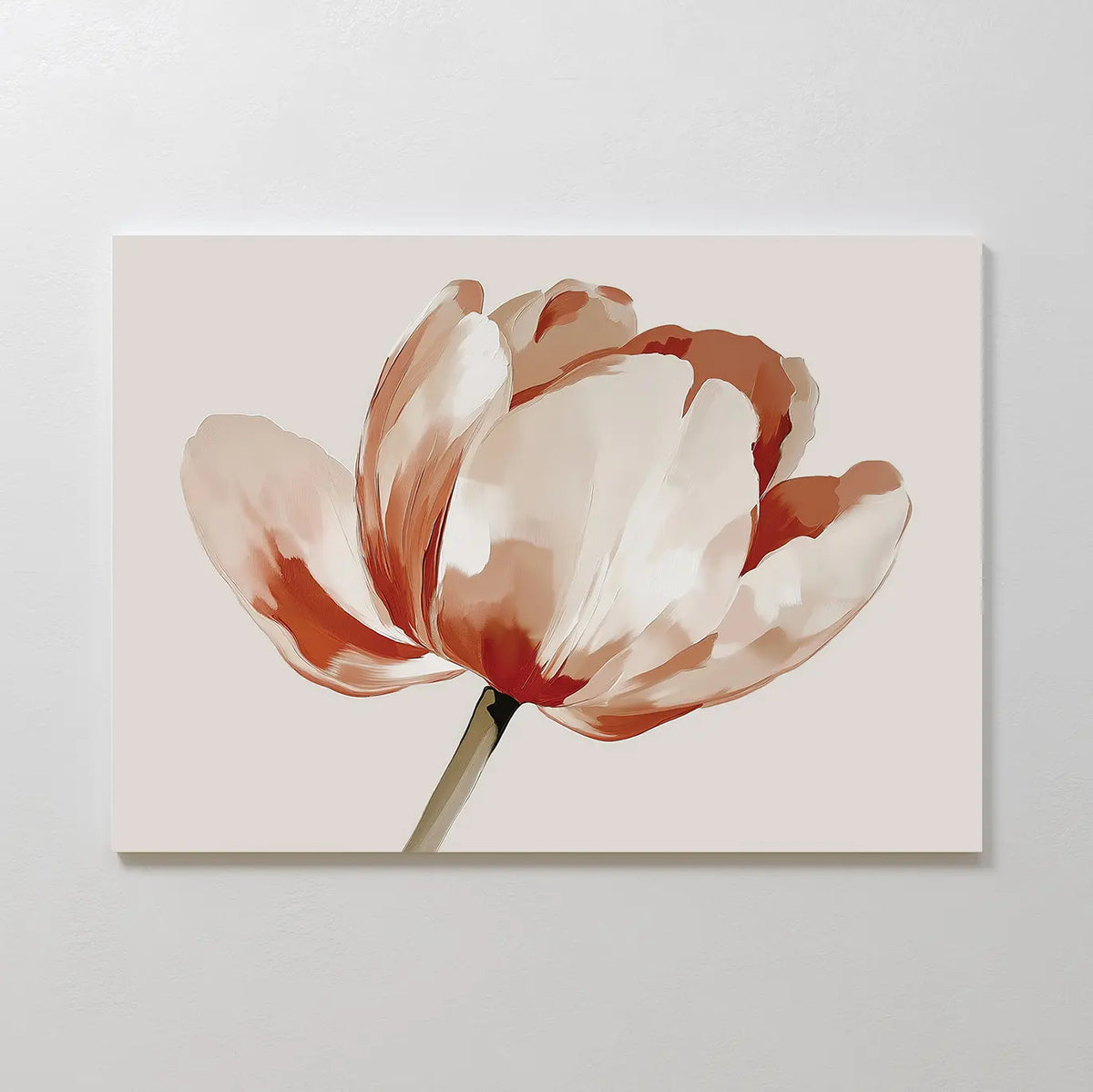 Blush Tulip Canvas Art features a minimalist single flower with soft pink and beige petals on a green stem, set against a light neutral background—perfect floral wall art to enhance your bedroom decor.