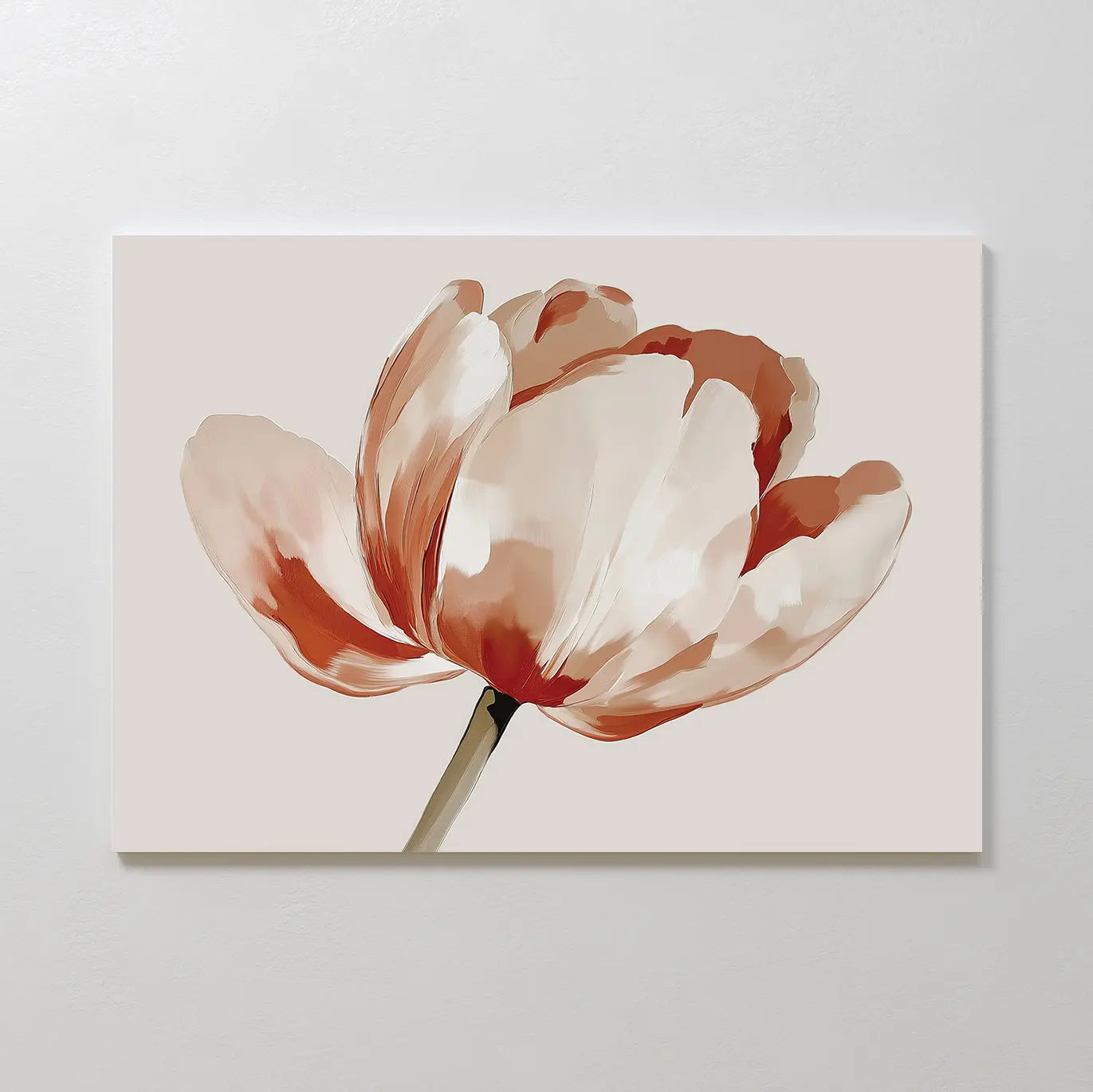 Blush Tulip Canvas Art features a minimalist single flower with soft pink and beige petals on a green stem, set against a light neutral background—perfect floral wall art to enhance your bedroom decor.