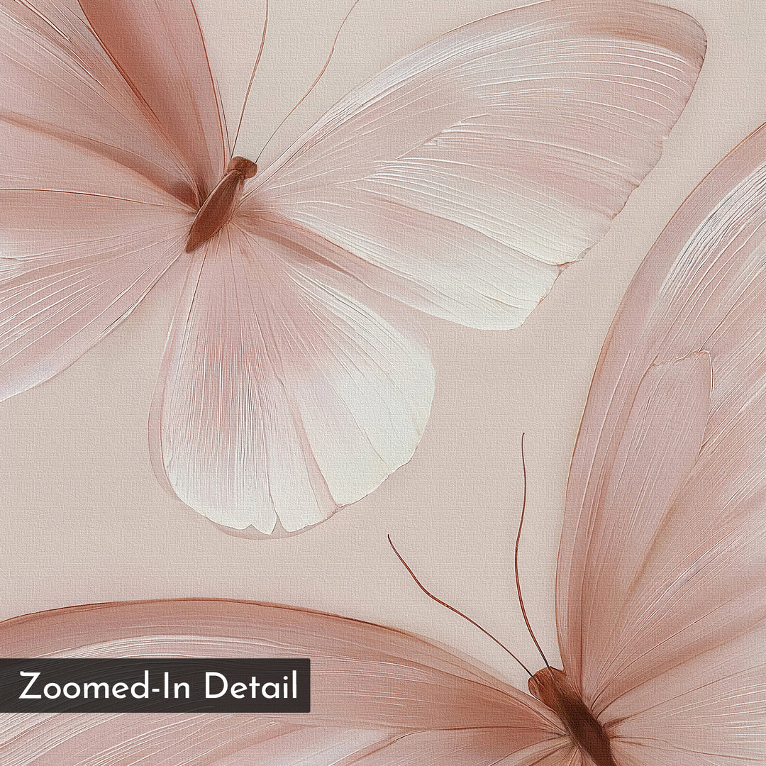 Blush Wings Canvas Art features a close-up of two delicate, translucent pink butterfly wings on a light background, highlighting fine vein details. "Zoomed-In Detail" appears in the bottom left, ideal for blush pink wall decor or butterfly wall art.
