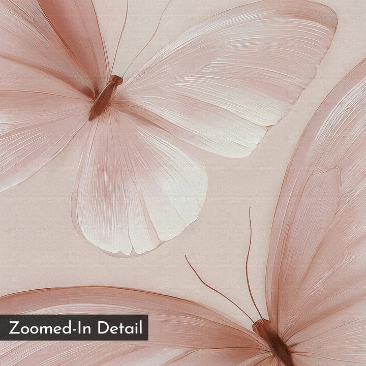 Blush Wings Canvas Art features a close-up of two delicate, translucent pink butterfly wings on a light background, highlighting fine vein details. "Zoomed-In Detail" appears in the bottom left, ideal for blush pink wall decor or butterfly wall art.
