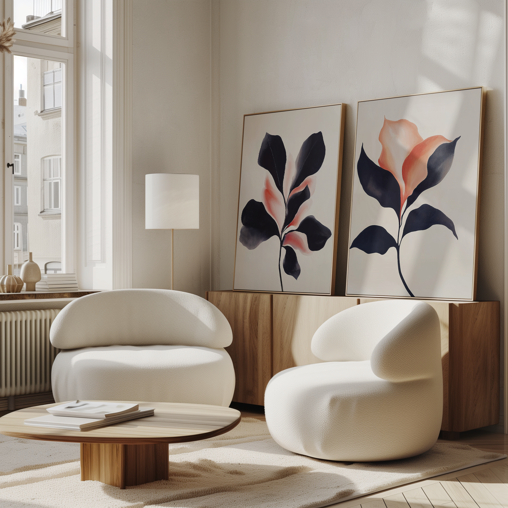 A bright, modern living room features two rounded white chairs, a low wooden coffee table, and the Blush & Shadow Set of 2 floral art pieces atop a wooden cabinet by the wall, illuminated by natural light from large windows.