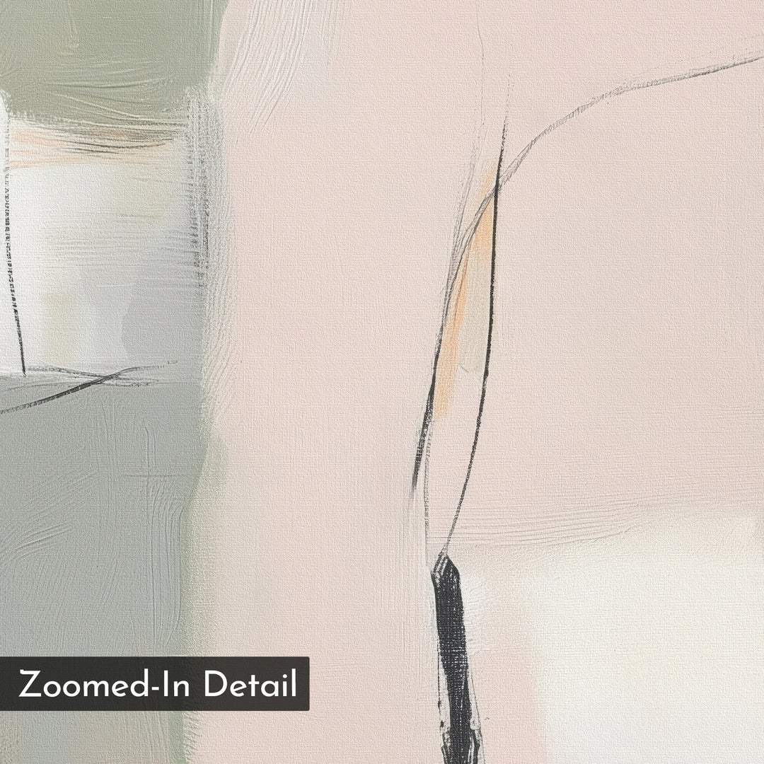 Blushed Horizon Canvas Art features a close-up abstract print in soft pastel pink, beige, and green. Black and peach lines intersect for added texture, with a Zoomed-In Detail box—ideal for large wall art or minimalist bedroom decor.