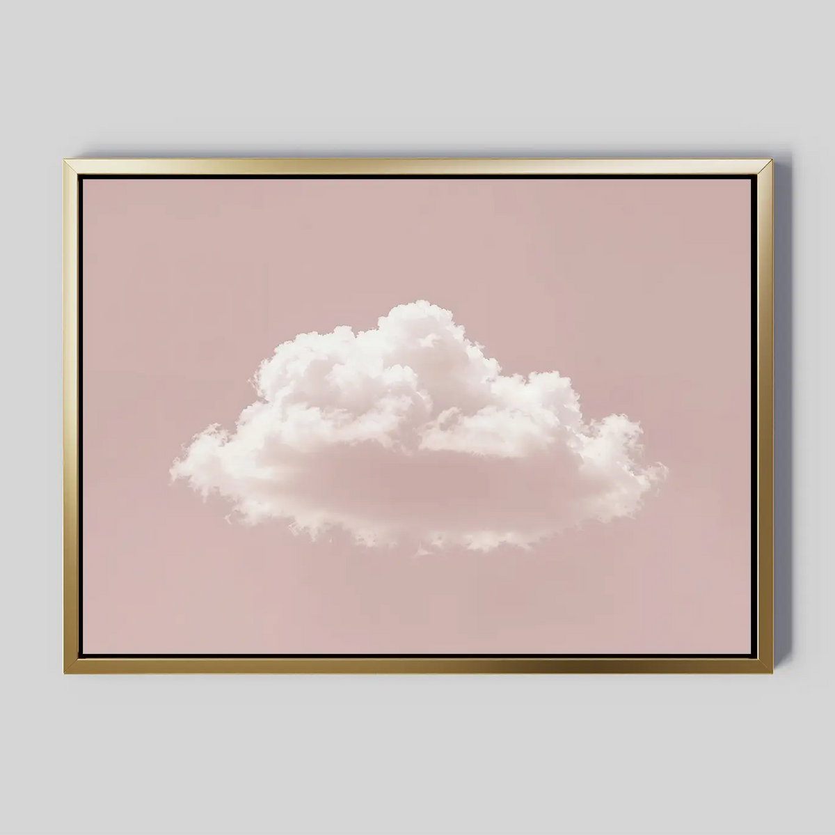 The Blushing Sky Canvas Art features a single fluffy white cloud centered on a soft pink background with a thin gold frame—ideal minimalist decor for any bedroom wall art collection.
