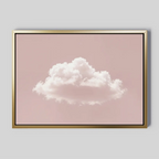The Blushing Sky Canvas Art features a single fluffy white cloud centered on a soft pink background with a thin gold frame—ideal minimalist decor for any bedroom wall art collection.