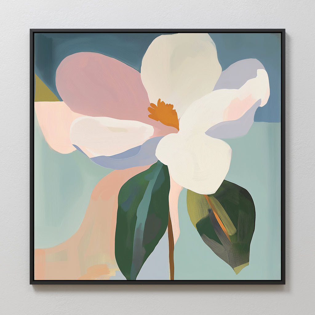 The Bold Bloom Canvas Art showcases a large flower with white and pink petals, an orange center, and green leaves on a soft blue backdrop. This modern piece adds elegant style and enhances any minimalist space.