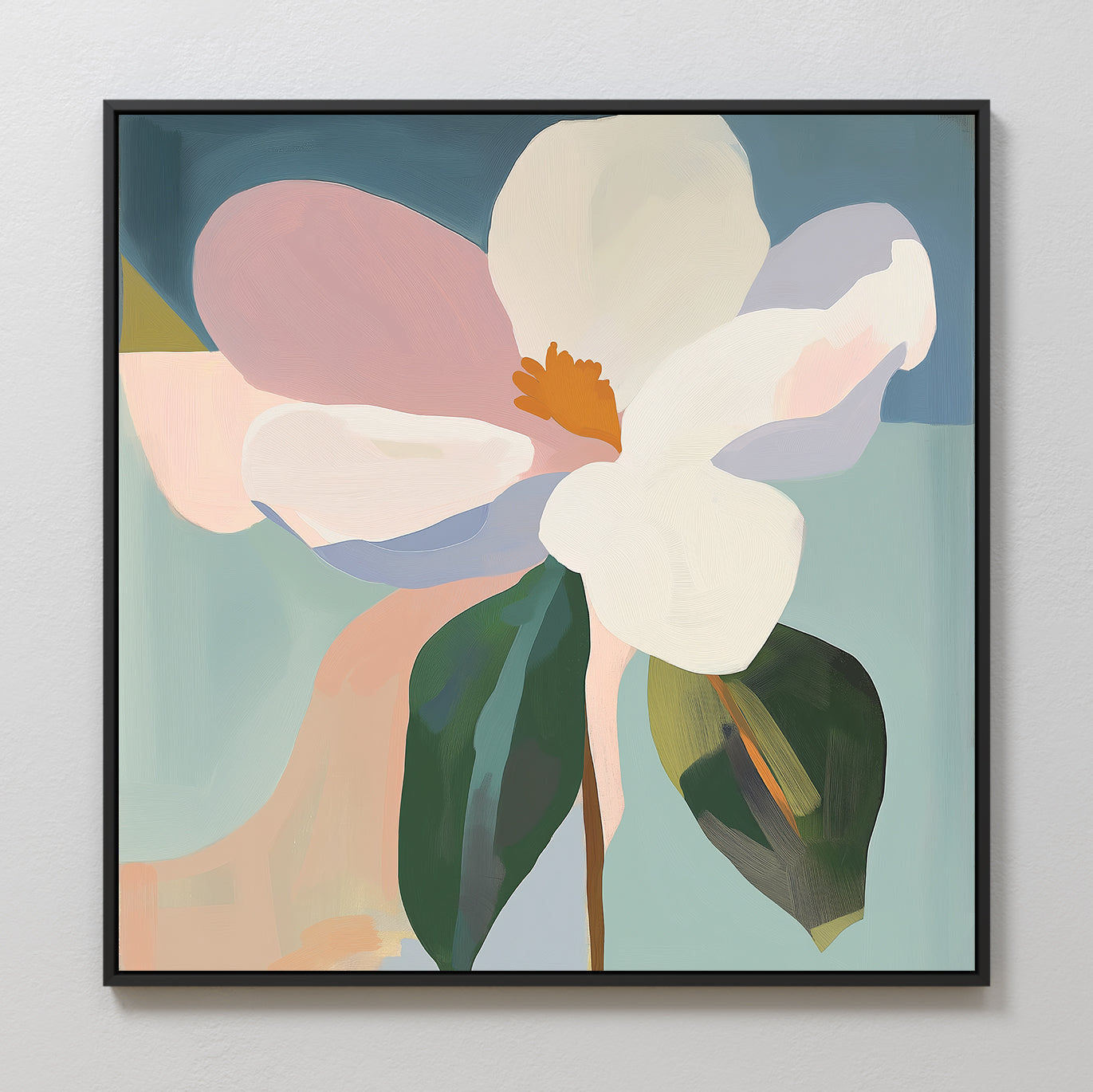 The Bold Bloom Canvas Art showcases a large flower with white and pink petals, an orange center, and green leaves on a soft blue backdrop. This modern piece adds elegant style and enhances any minimalist space.