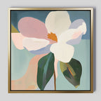 Bring modern elegance to your space with Bold Bloom Canvas Art—a framed abstract featuring a single magnolia with soft pink and white petals, green leaves, and a muted blue-green background. Perfect floral wall art for any room.