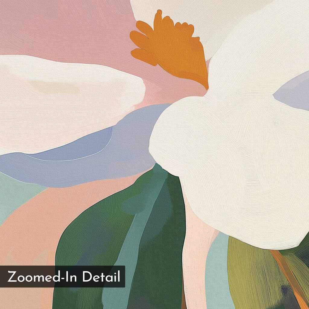 Bold Bloom Canvas Art features large, overlapping petals in white, pink, orange, blue, and green with visible brushstrokes. Ideal for bedroom decor, it includes a “Zoomed-In Detail” label in the bottom left corner.