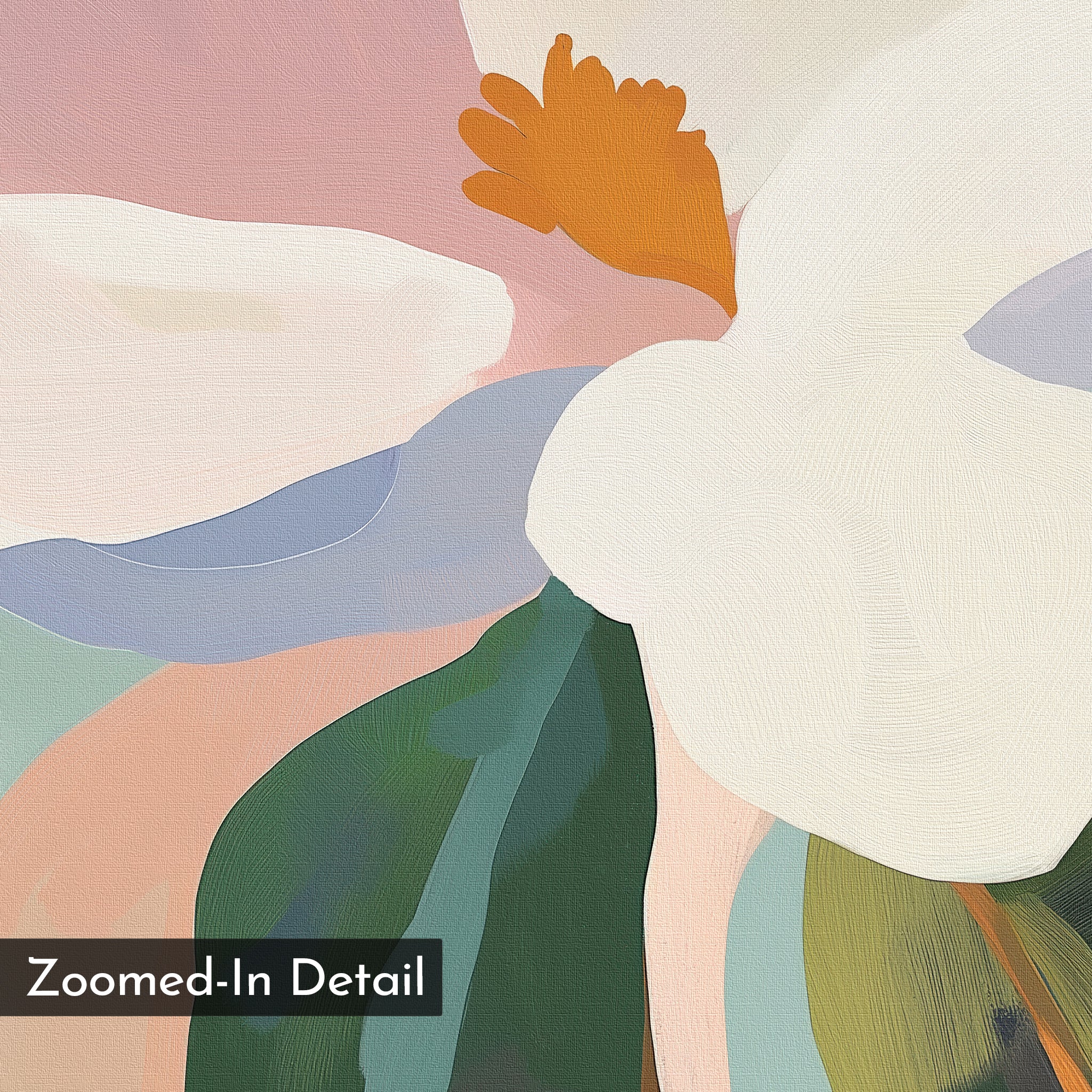 Bold Bloom Canvas Art features large, overlapping petals in white, pink, orange, blue, and green with visible brushstrokes. Ideal for bedroom decor, it includes a “Zoomed-In Detail” label in the bottom left corner.