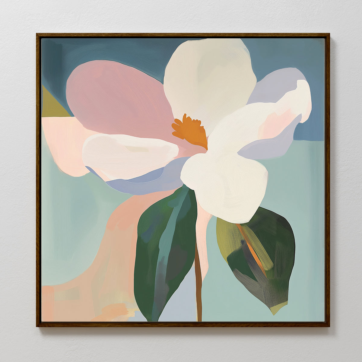 The Bold Bloom Canvas Art features a large flower with white and light pink petals, a yellow-orange center, and green leaves on a muted blue and peach background. Framed in brown, it adds modern elegance to your space.