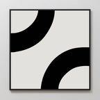 Bold Orbit Canvas Art: This minimalist piece features two thick black curved bands at opposite corners on a light background, framed in black—an ideal abstract wall art choice for modern interiors.