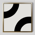 Bold Orbit Canvas Art features two large, thick black curves on a light gray background with a thin gold border. This minimalist wall art print is ideal for enhancing modern interiors with its striking simplicity.