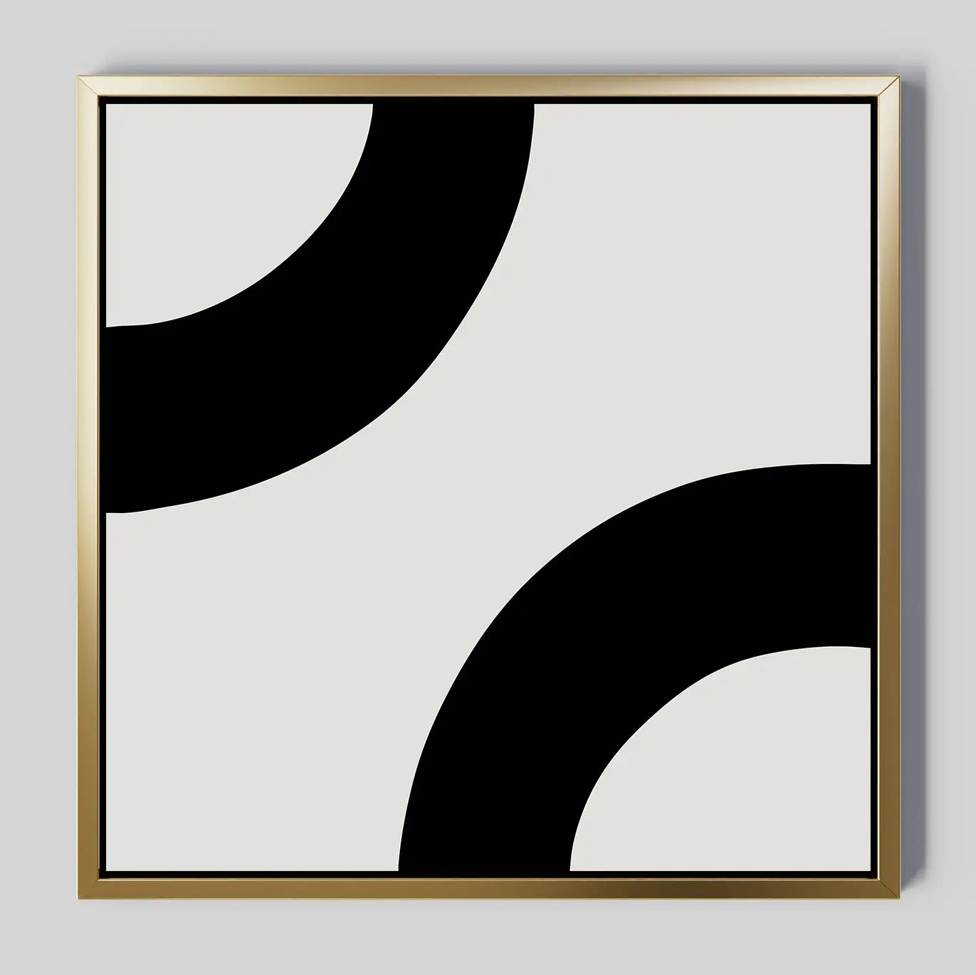 Bold Orbit Canvas Art features two large, thick black curves on a light gray background with a thin gold border. This minimalist wall art print is ideal for enhancing modern interiors with its striking simplicity.