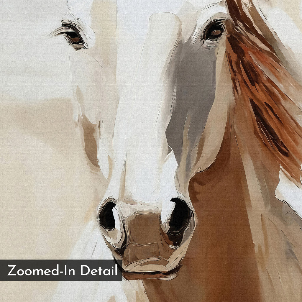 Bold Spirit Canvas Art features a digital close-up of a horse’s face in neutral tones, highlighting its eyes, nose, and mane. Minimalist wall art with “Zoomed-In Detail” text in the lower left corner.