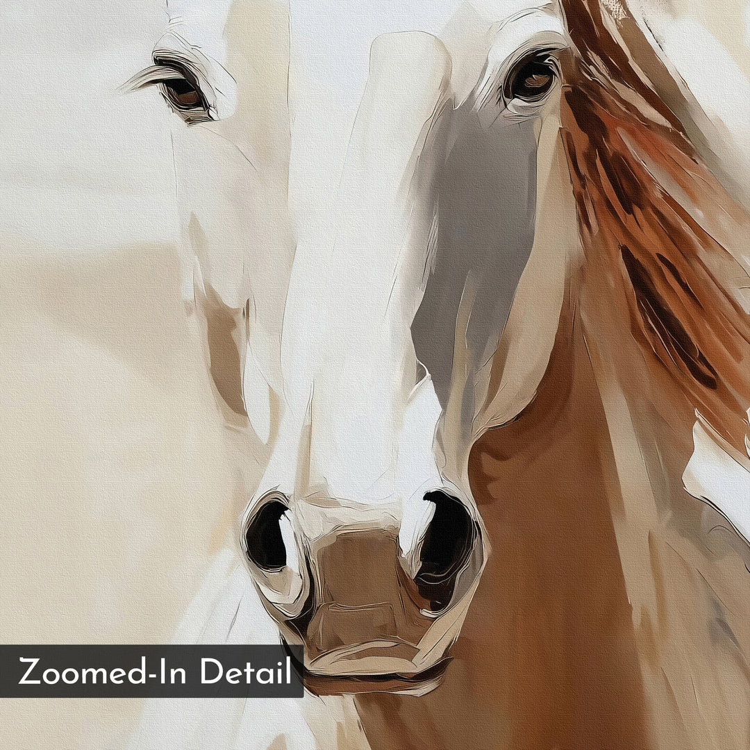 Bold Spirit Canvas Art features a digital close-up of a horse’s face in neutral tones, highlighting its eyes, nose, and mane. Minimalist wall art with “Zoomed-In Detail” text in the lower left corner.