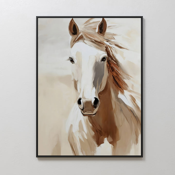 Bold Spirit Canvas Art features a light brown and white horse facing forward with its flowing mane, set against a soft neutral background—ideal minimalist wall art for adding elegance to your living room decor.