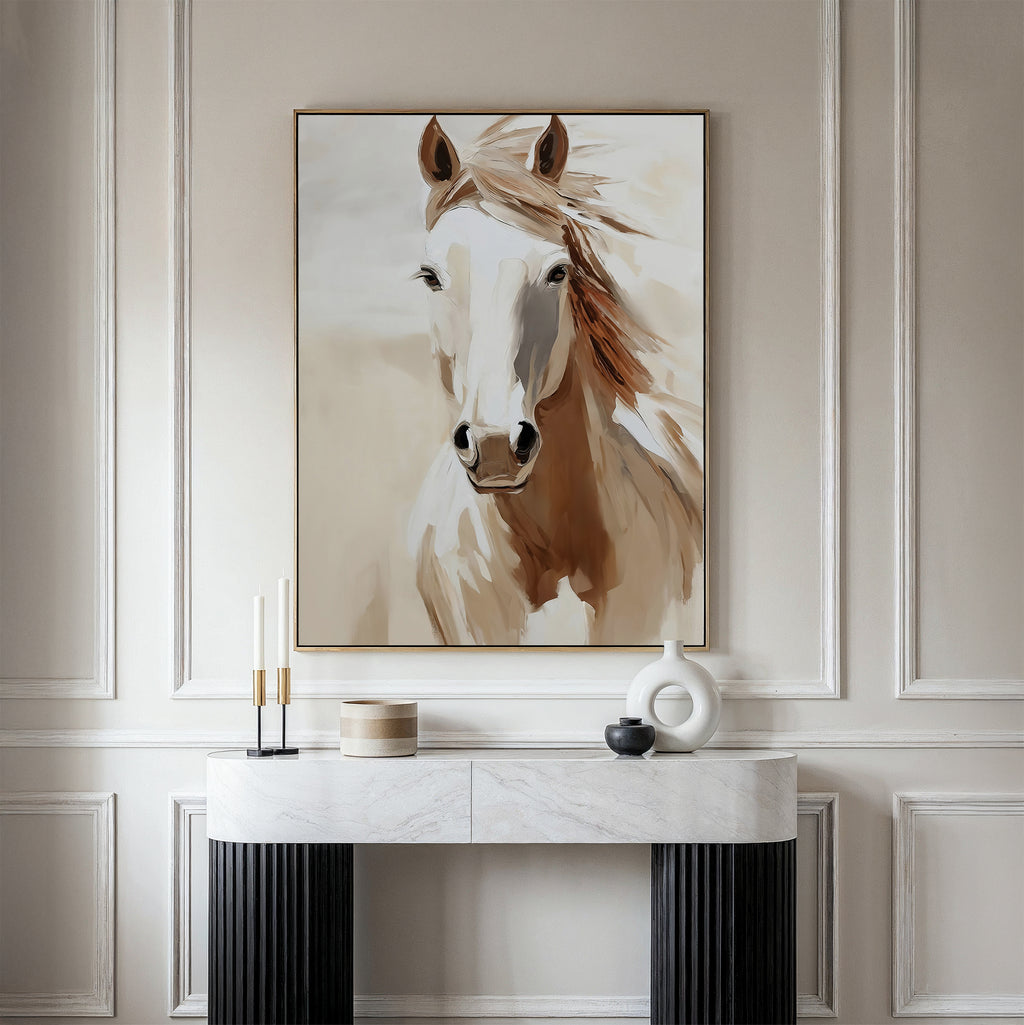 A modern interior showcases the Bold Spirit Canvas Art—a striking white horse painting—above a sleek marble console, accented with minimalist candles and vases for elegant living room decor.