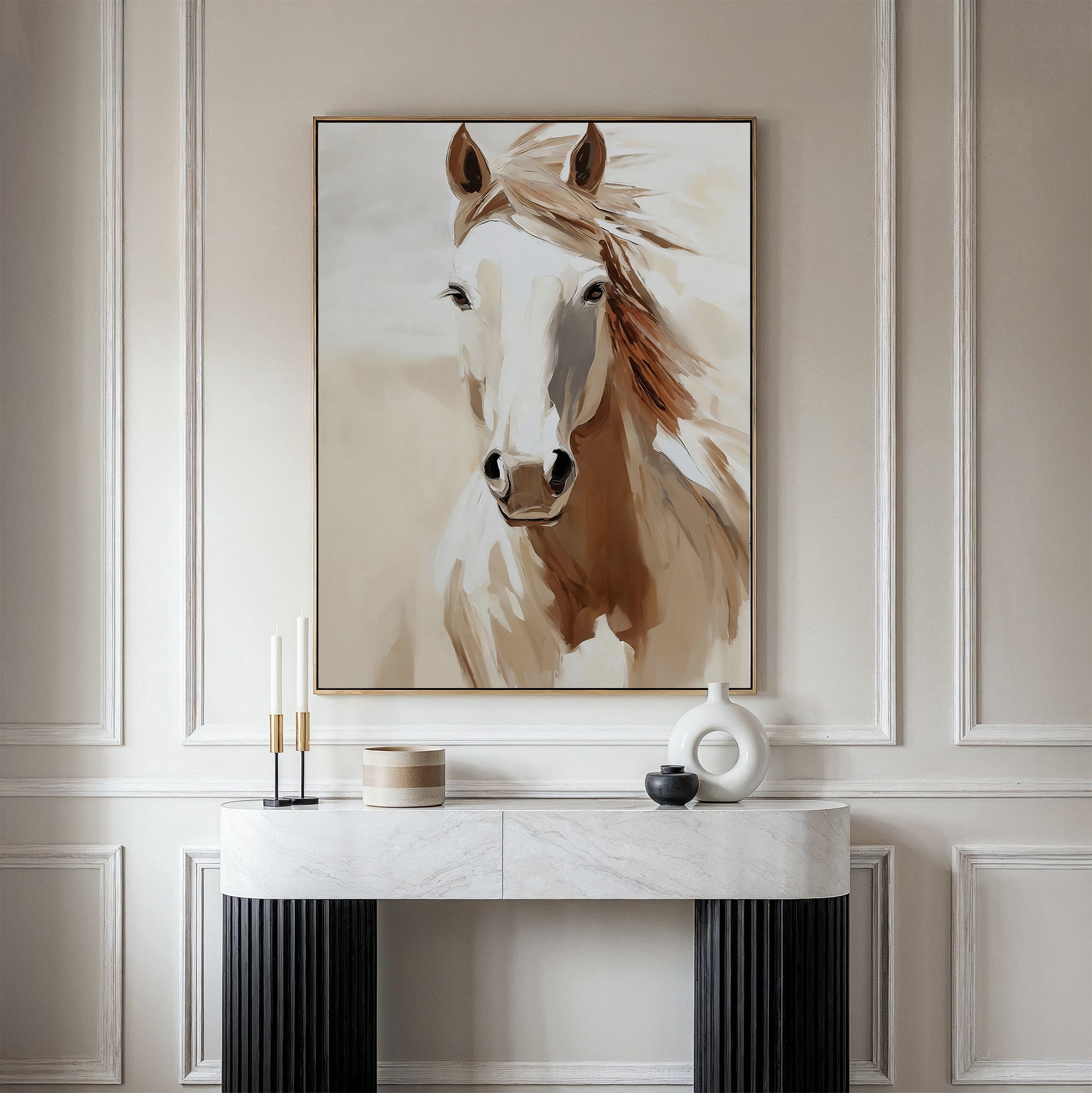 A modern interior showcases the Bold Spirit Canvas Art—a striking white horse painting—above a sleek marble console, accented with minimalist candles and vases for elegant living room decor.