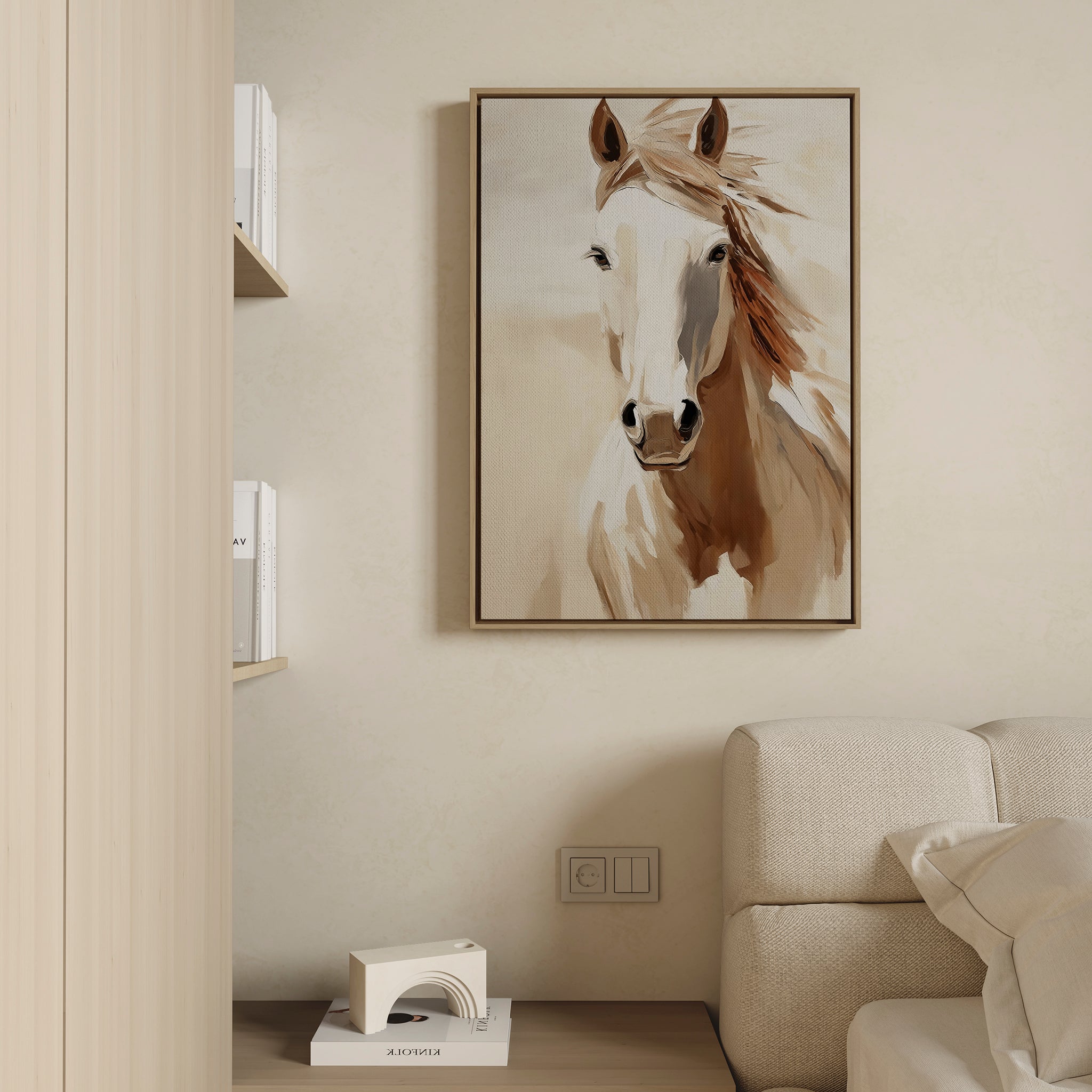 The Bold Spirit Canvas Art, a framed minimalist horse artwork, hangs above a cream sofa on a beige wall. Nearby shelves display books, while a small decorative object on the floor completes the living room decor.