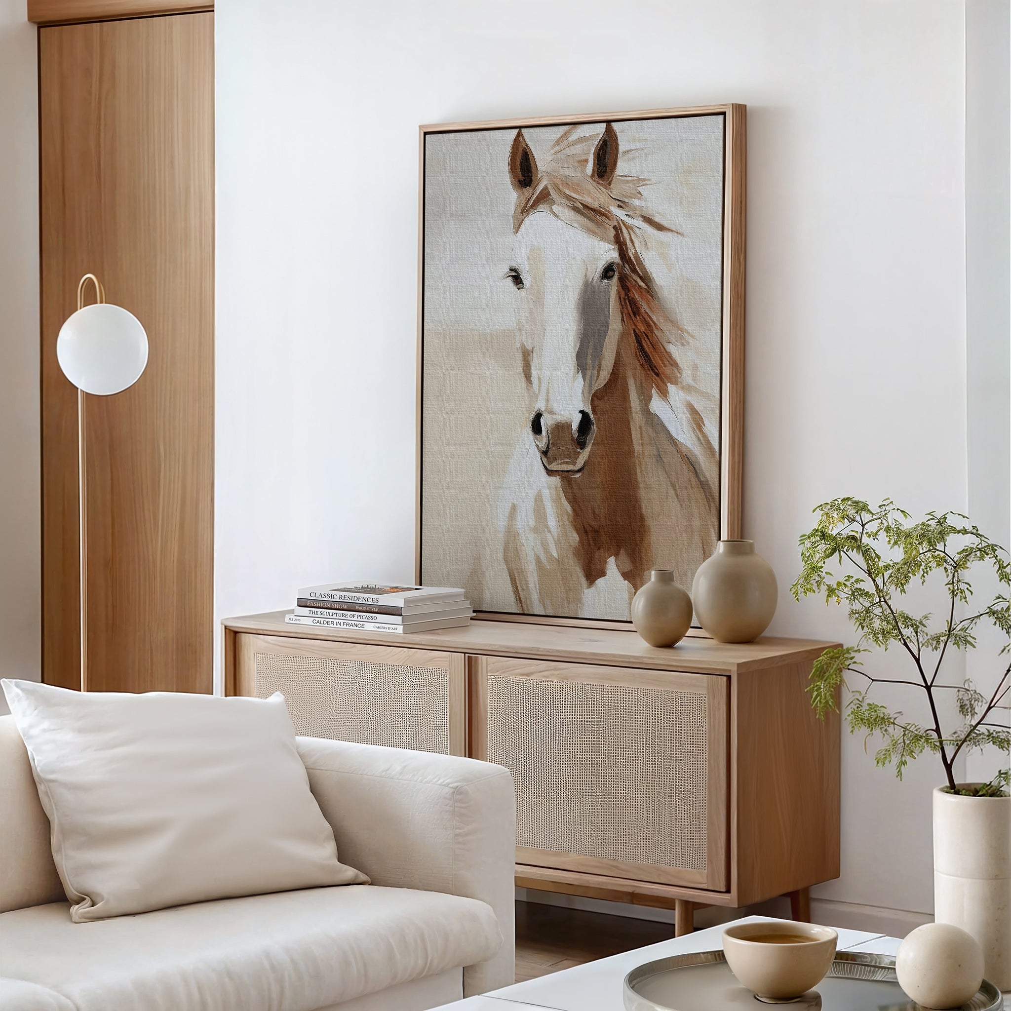 A modern living room features light wood furniture, a white sofa, decorative vases, and the Bold Spirit Canvas Art on a cabinet against a white wall. A small potted plant and spherical lamp complete the stylish decor.