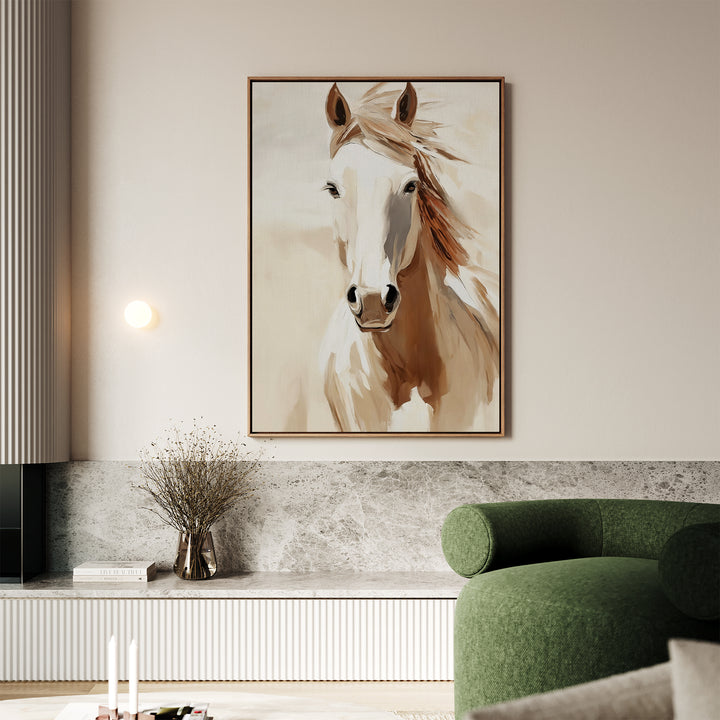 A modern living room featuring a green sofa, a low marble shelf, dried flower vase, and Bold Spirit Canvas Art depicting a light brown horse on a beige wall—ideal for stylish decor.