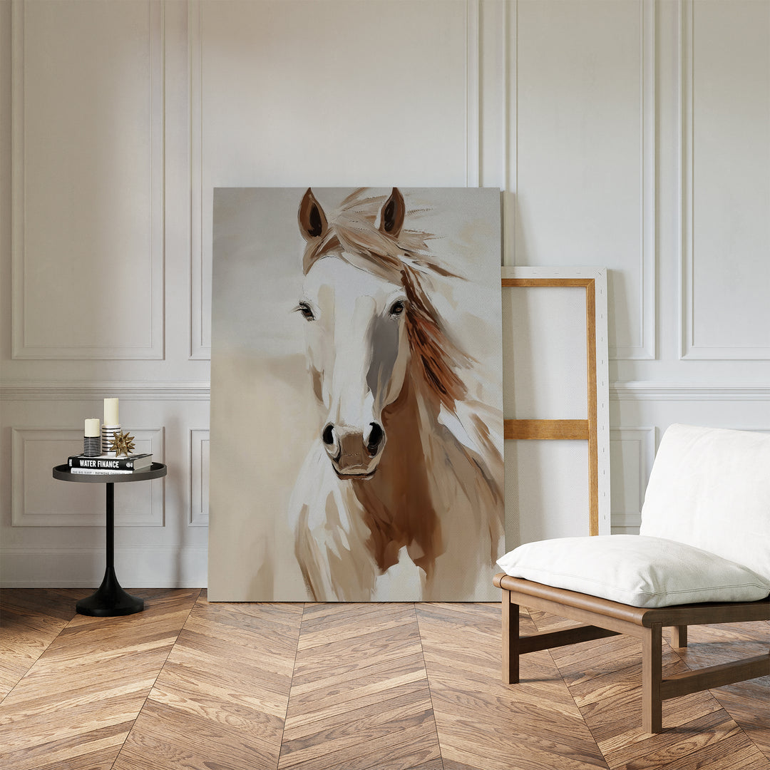 The Bold Spirit Canvas Art, featuring a minimalist white horse, leans against a paneled wall beside an empty frame. A black table with candles and a cushioned chair sit nearby on herringbone wood—ideal living room decor.