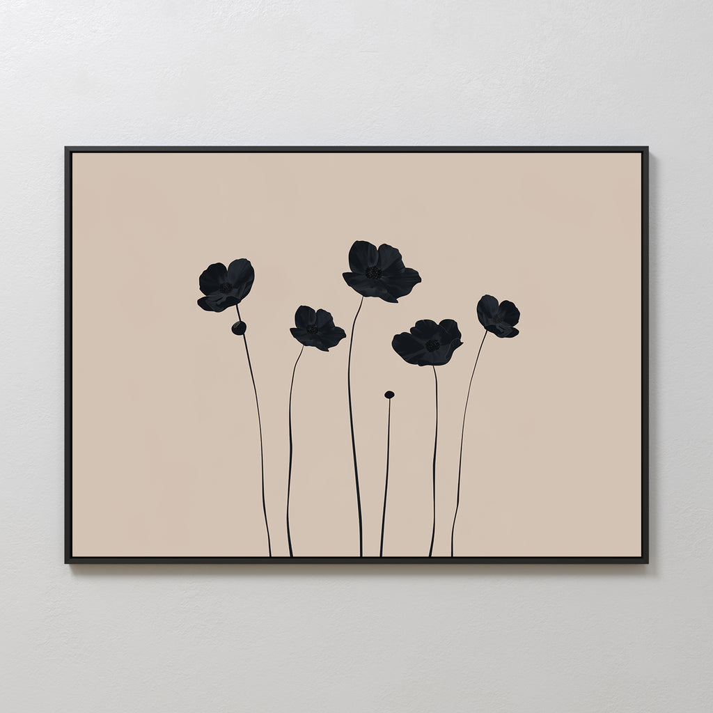 The Botanic Abstract Canvas Art displays six black floral silhouettes with long stems on a light beige background, set in a slim black frame, creating a modern minimalist wall art piece for your space.