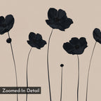 Botanic Abstract Canvas Art showcases six minimalist black poppy flowers with slender stems, one budding, set against a light beige background. "Zoomed-In Detail" appears in the lower left corner.