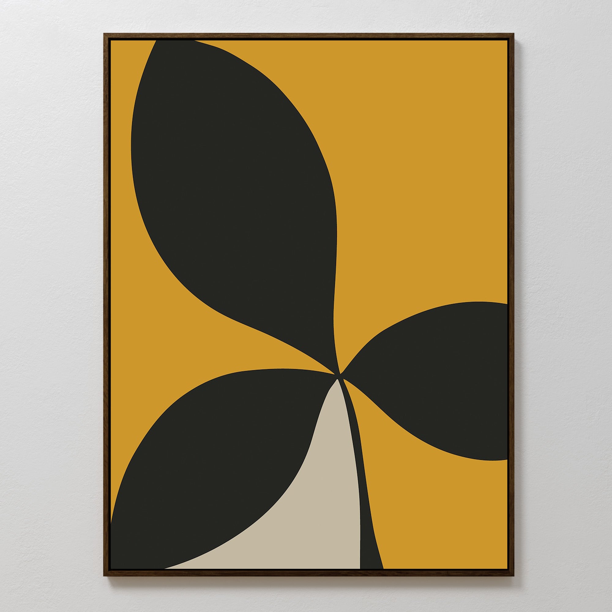 Botanic Contrast Abstract Canvas Art features four large black petal-like shapes overlapping on a mustard yellow background with a small beige section at the bottom, making it perfect minimalist wall decor for modern living rooms.