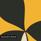 A close-up of Botanic Contrast Abstract Canvas Art, showing intersecting black and yellow curves on a textured background with a beige accent. Minimalist wall art with a "Zoomed-In Detail" label in the bottom left corner.