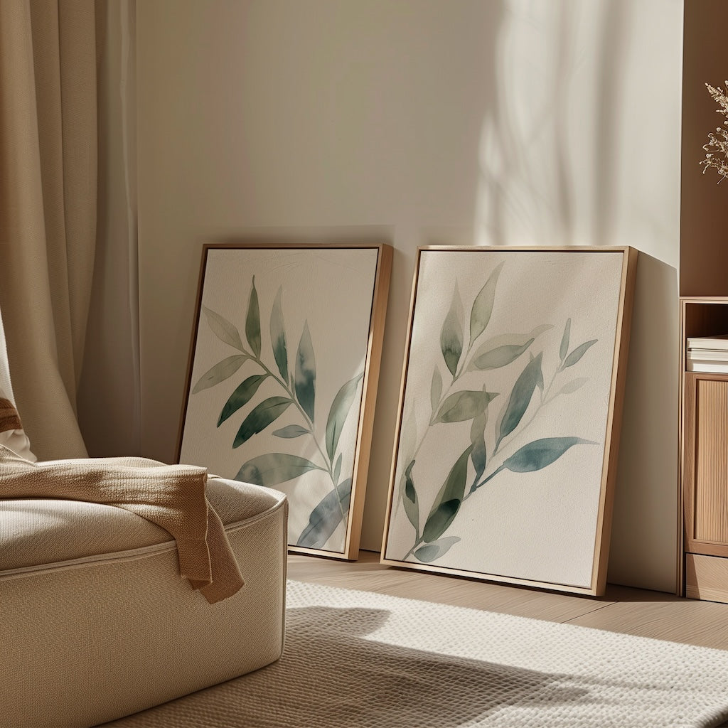 The Botanical Breeze Set of 2, featuring framed botanical watercolor prints with green leaves, rests against a light wall. Sunlight adds shadows, while a beige armchair and tan throw complete the calm, minimalist vibe.