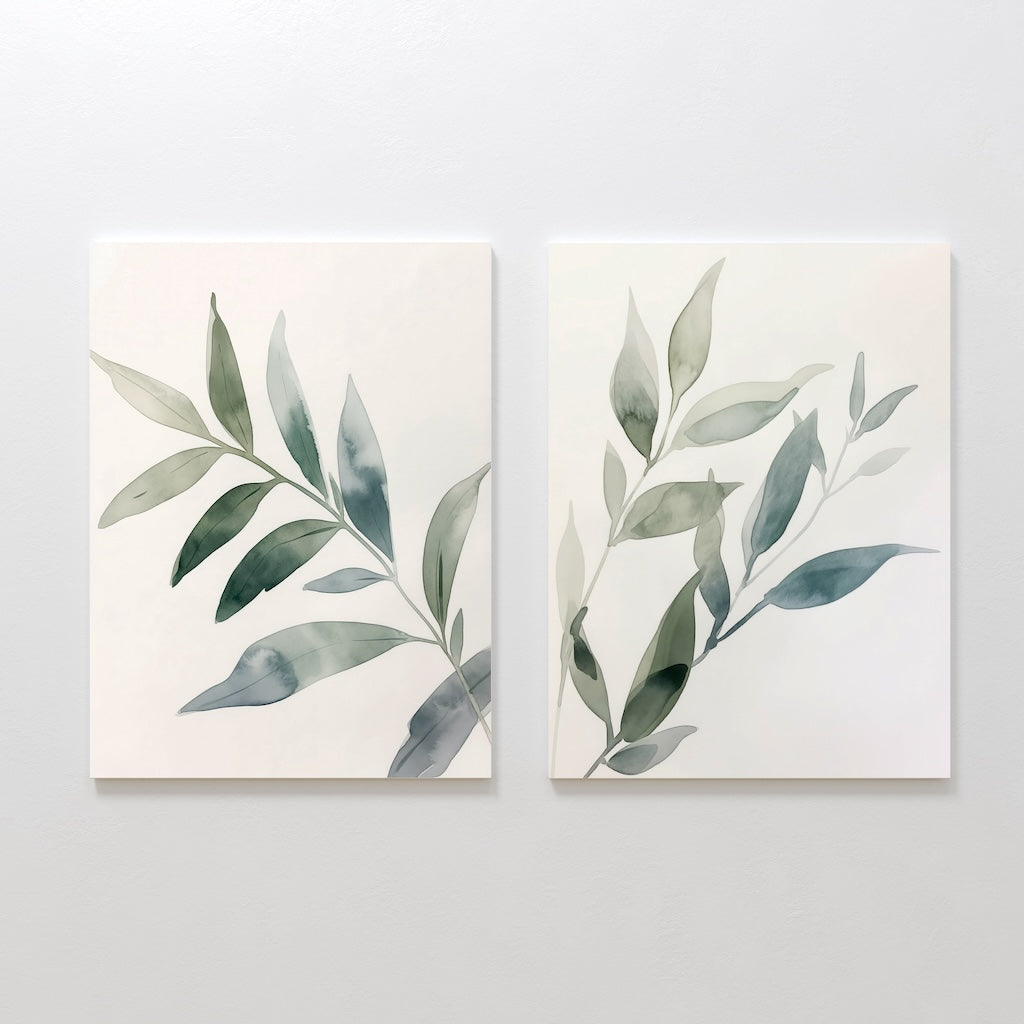 The Botanical Breeze Set of 2 features minimalist wall art prints with watercolor-style green leaves on white backgrounds, each showing a single diagonal branch—perfect for adding a fresh, modern touch when displayed side by side.