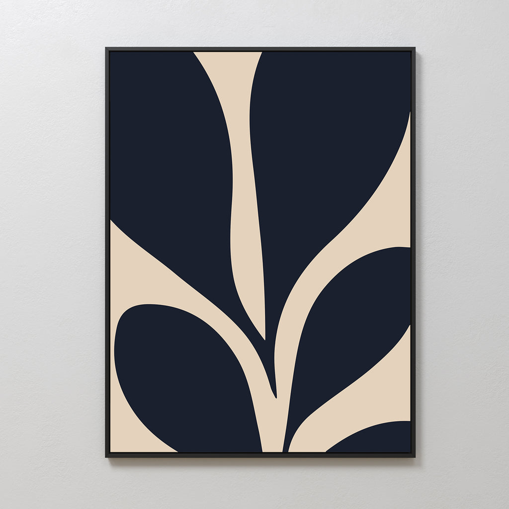 The Botanical Ink Abstract Canvas Art showcases bold, abstract black leaf shapes on a beige background in a sleek black frame—ideal for large wall art or minimalist living room decor.