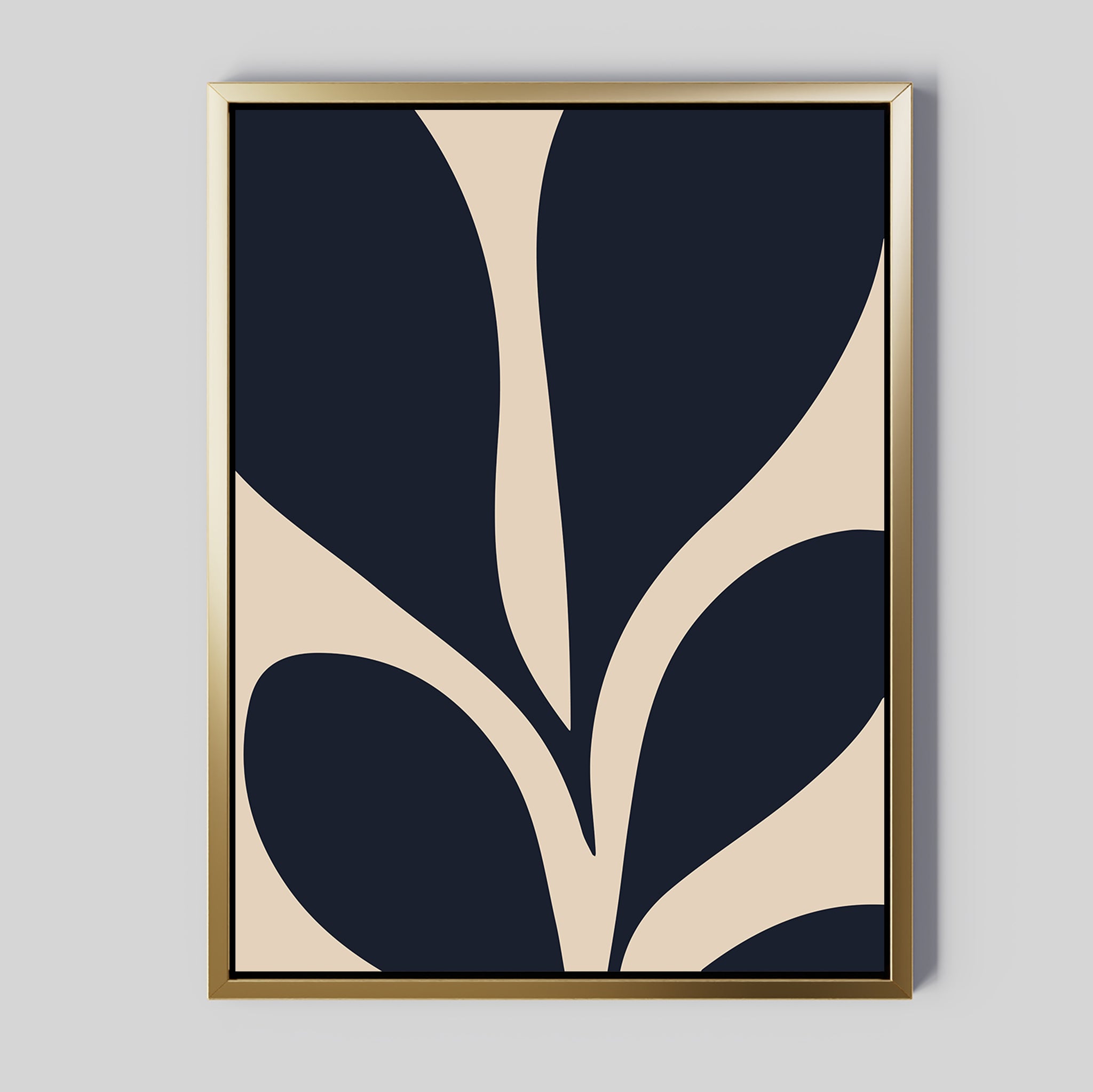 Botanical Ink Abstract Canvas Art features bold, curving black shapes on a beige background, evoking stylized plant leaves. Displayed in a sleek gold frame, its ideal modern decor for your living room.