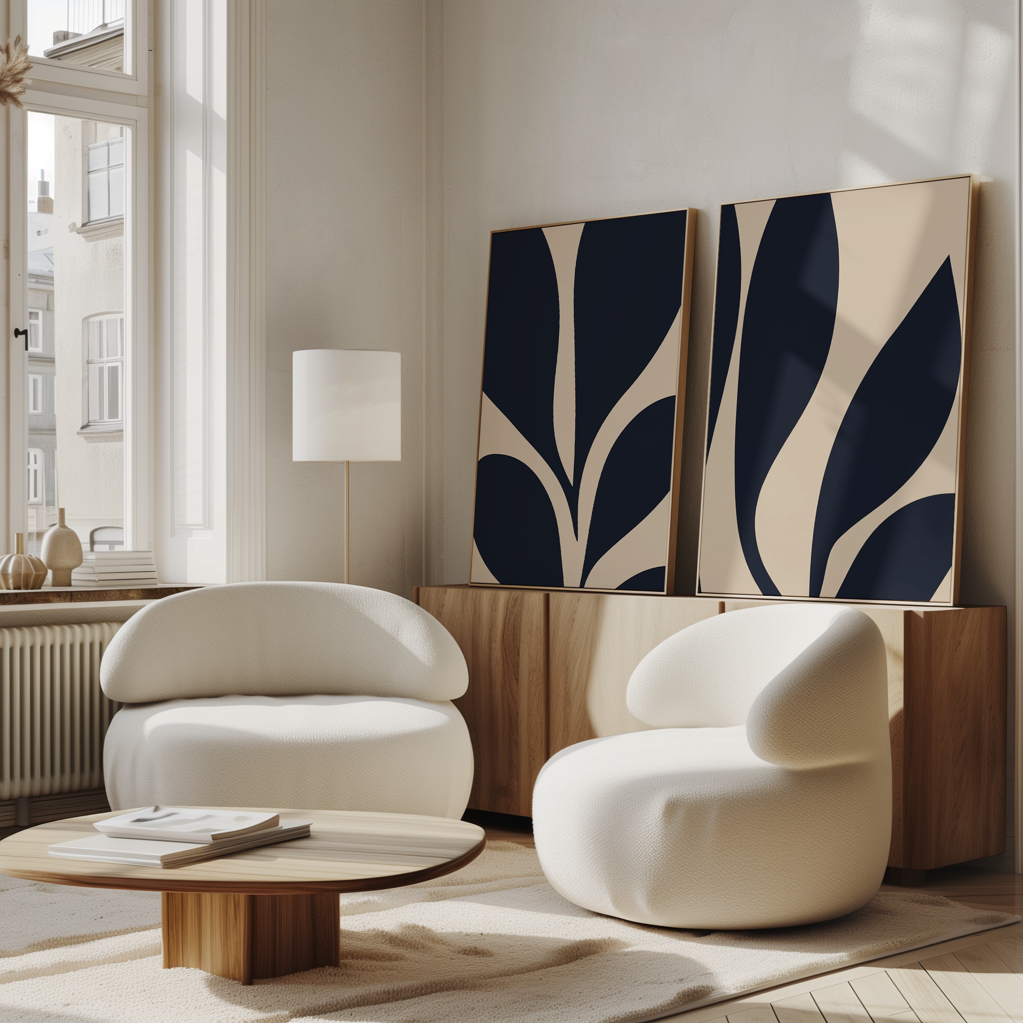 A modern living room features two white rounded armchairs, a low wooden coffee table, a floor lamp, and the Botanical Ink Set of 2 as minimalist wall art on a wooden sideboard beneath large windows with natural light.
