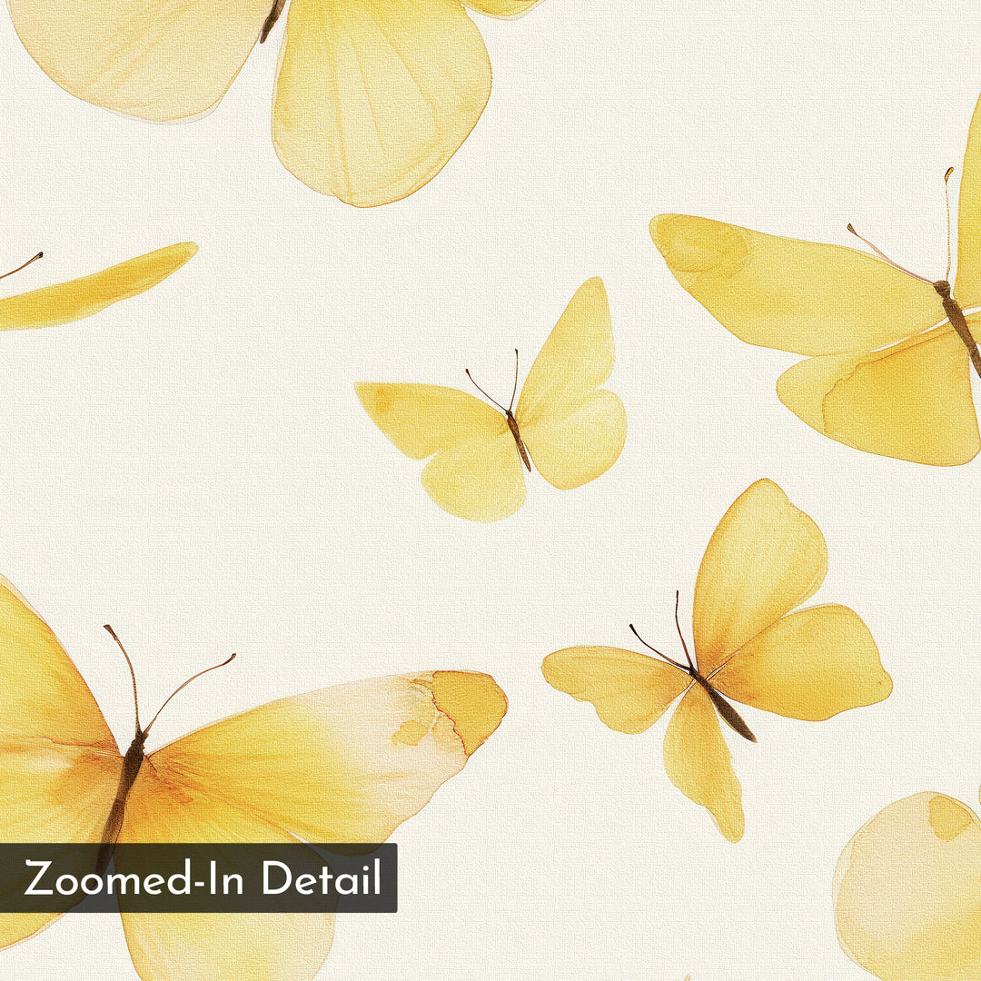 Butterfly Radiance Canvas Art features watercolor-style yellow butterflies with delicate wings on a white background. Perfect as cheerful wall decor, it adds Nordic park charm to any space. Label: Zoomed-In Detail.