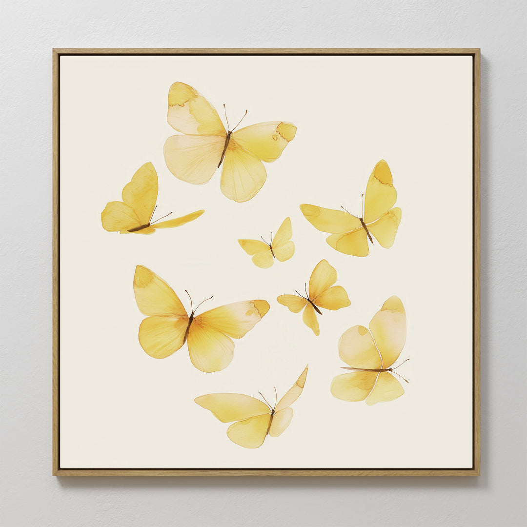 Butterfly Radiance Canvas Art showcases seven delicate yellow butterflies with translucent wings, artfully displayed on a plain off-white background, inspired by Nordic Park design.