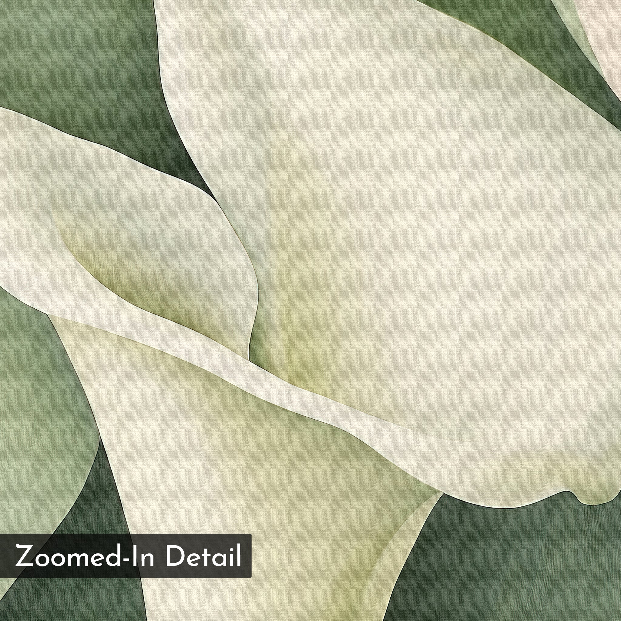 A zoomed-in view of elegant white calla lily petals with soft green leaves in the background, featuring gentle curves and a painterly effect. Perfect as minimalist wall art—Calla Duo Canvas Art, labeled "Zoomed-In Detail.