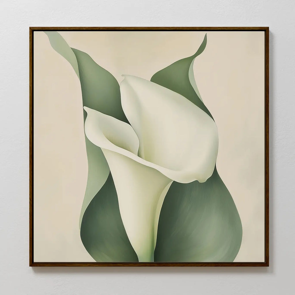 Calla Duo Canvas Art features two white calla lilies with soft green leaves on a beige background, rendered in a smooth, minimalist style—an ideal piece of modern wall art for any space.