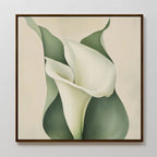 Calla Duo Canvas Art features two white calla lilies with soft green leaves on a beige background, rendered in a smooth, minimalist style—an ideal piece of modern wall art for any space.