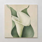 Calla Duo Canvas Art features a white calla lily with green leaves in a soft, abstract style on a light beige background—perfect modern wall decor for any space.