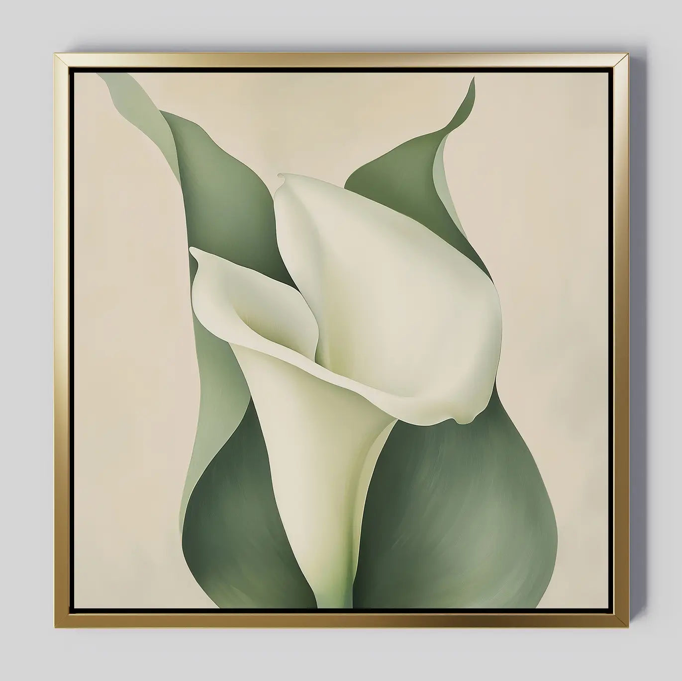 The Calla Duo Canvas Art features a white calla lily with green leaves on a light beige background. Its realistic yet stylized design and gold frame with black inner edge make it ideal for modern decor.