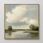 Calm Passage Canvas Art features a tranquil river with green trees and a bright, cloud-filled sky, bringing soft natural colors and peaceful style to your bedroom decor or any living space.