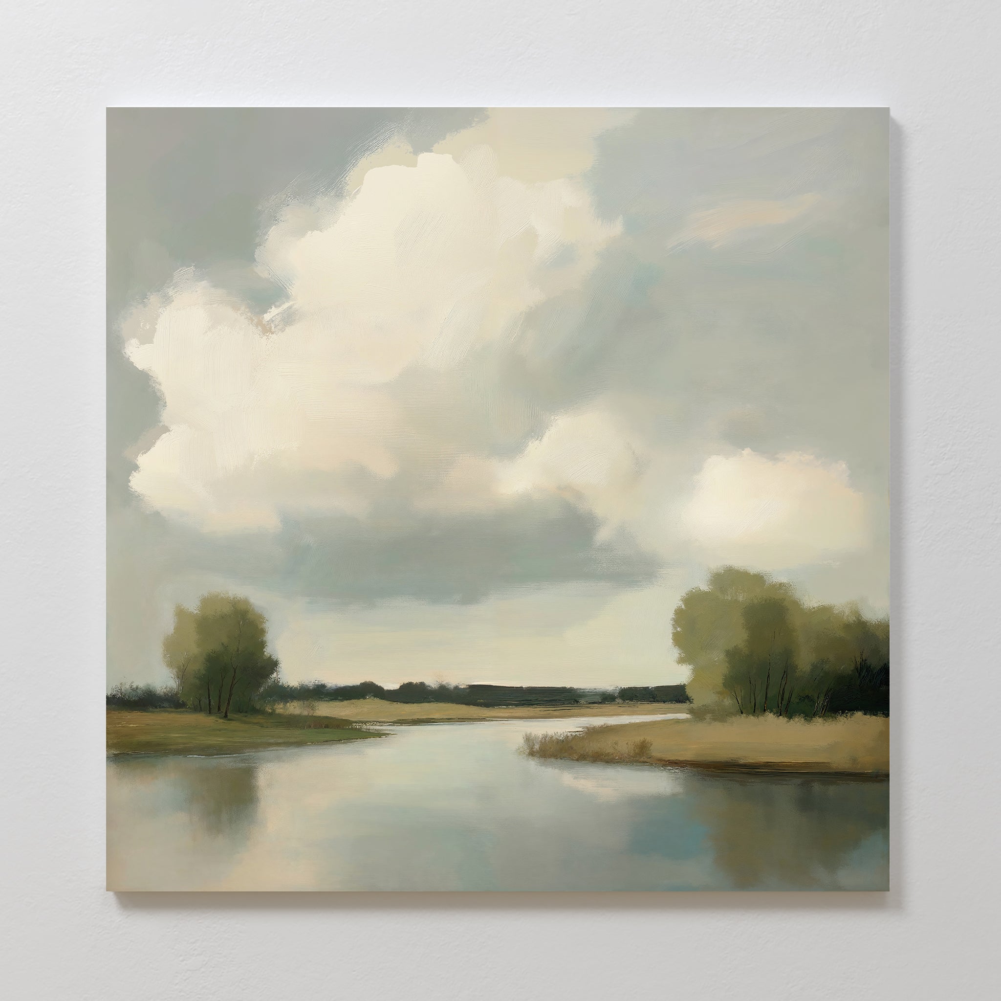 Calm Passage Canvas Art features a tranquil river mirroring the sky, with grassy banks and green trees under gentle clouds—ideal minimalist wall art to add peace and serenity to your bedroom decor.