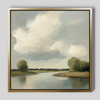 The Calm Passage Canvas Art features a serene landscape with a peaceful river, grassy banks, trees, and soft clouds—ideal for tranquil bedroom decor and creating a soothing atmosphere.