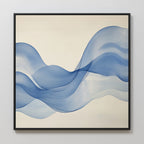 Calm Swell Canvas Art: Framed abstract print with flowing, overlapping blue waves on a light beige background—brings movement and tranquility to your living room as large wall decor.