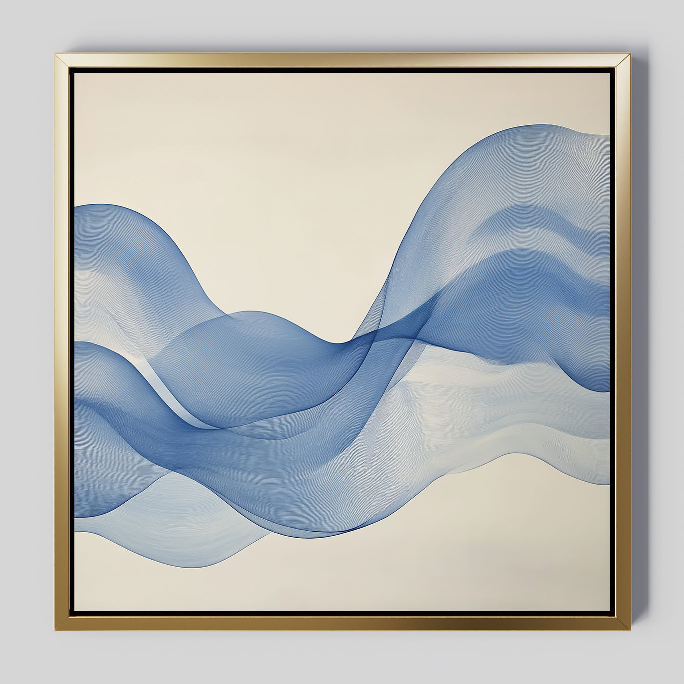 Calm Swell Canvas Art features flowing, translucent blue wave forms on a light background with a slim metallic gold frame—ideal large wall art for modern living room decor.
